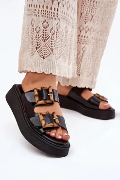 Eko Skórzane Klapki Damskie Na Platformie Z Klamrami Czarne Xanivia