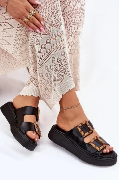 Eko Skórzane Klapki Damskie Na Platformie Z Klamrami Czarne Xanivia