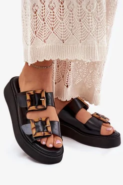 Eko Skórzane Klapki Damskie Na Platformie Z Klamrami Czarne Xanivia