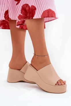 Eko Skórzane Klapki Damskie Na Platformie I Koturnie Beżowe Kisoffi