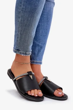 Eko Skórzane Klapki Na Płaskim Obcasie Z Ozdobnym Paseczkiem Czarne Hirtewi