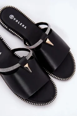 Eko Skórzane Klapki Na Płaskim Obcasie Z Ozdobnym Paseczkiem Czarne Hirtewi