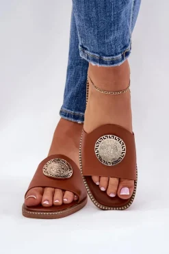 Eko Skórzane Klapki Na Płaskim Obcasie Z Ozdoba Camel Tatereia