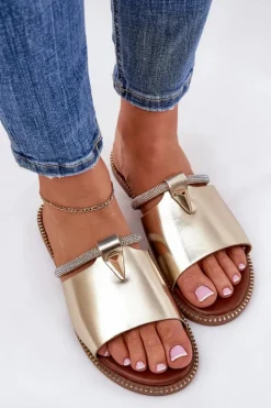 Eko Skórzane Klapki Na Płaskim Obcasie Z Ozdobnym Paseczkiem Złote Hirtewi