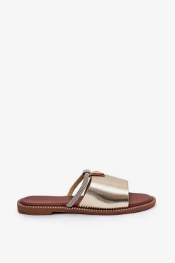 Eko Skórzane Klapki Na Płaskim Obcasie Z Ozdobnym Paseczkiem Złote Hirtewi