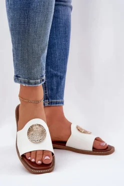 Eko Skórzane Klapki Na Płaskim Obcasie Z Ozdoba Białe Tatereia