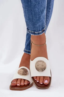 Eko Skórzane Klapki Na Płaskim Obcasie Z Ozdoba Białe Tatereia