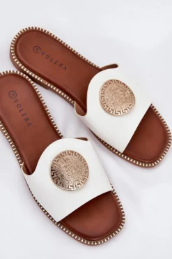 Eko Skórzane Klapki Na Płaskim Obcasie Z Ozdoba Białe Tatereia