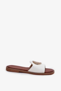 Eko Skórzane Klapki Na Płaskim Obcasie Z Ozdoba Białe Tatereia