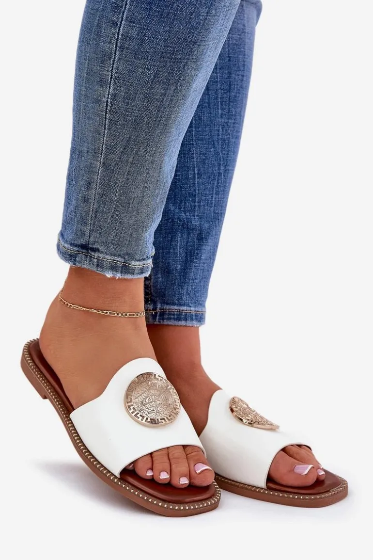 Eko Skórzane Klapki Na Płaskim Obcasie Z Ozdoba Białe Tatereia