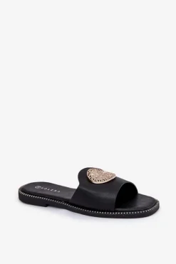 Eko Skórzane Klapki Na Płaskim Obcasie Z Ozdoba Czarne Tatereia