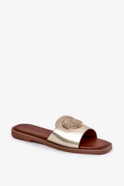 Eko Skórzane Klapki Na Płaskim Obcasie Z Ozdoba Złote Tatereia