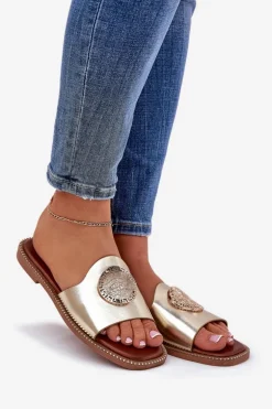 Eko Skórzane Klapki Na Płaskim Obcasie Z Ozdoba Złote Tatereia