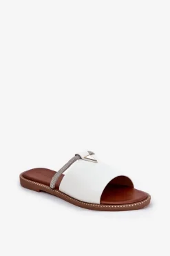 Eko Skórzane Klapki Na Płaskim Obcasie Z Ozdobnym Paseczkiem Białe Hirtewi