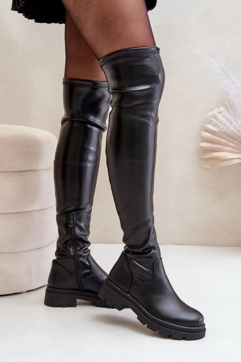 Eko Skórzane Kozaki Za Kolano Na Płaskim Obcasie Czarne Santira