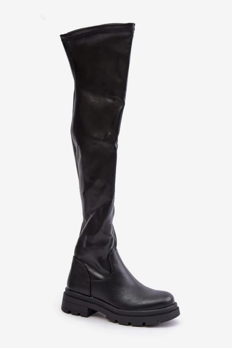 Eko Skórzane Kozaki Za Kolano Na Płaskim Obcasie Czarne Santira