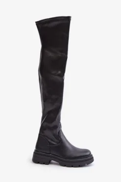 Eko Skórzane Kozaki Za Kolano Na Płaskim Obcasie Czarne Santira