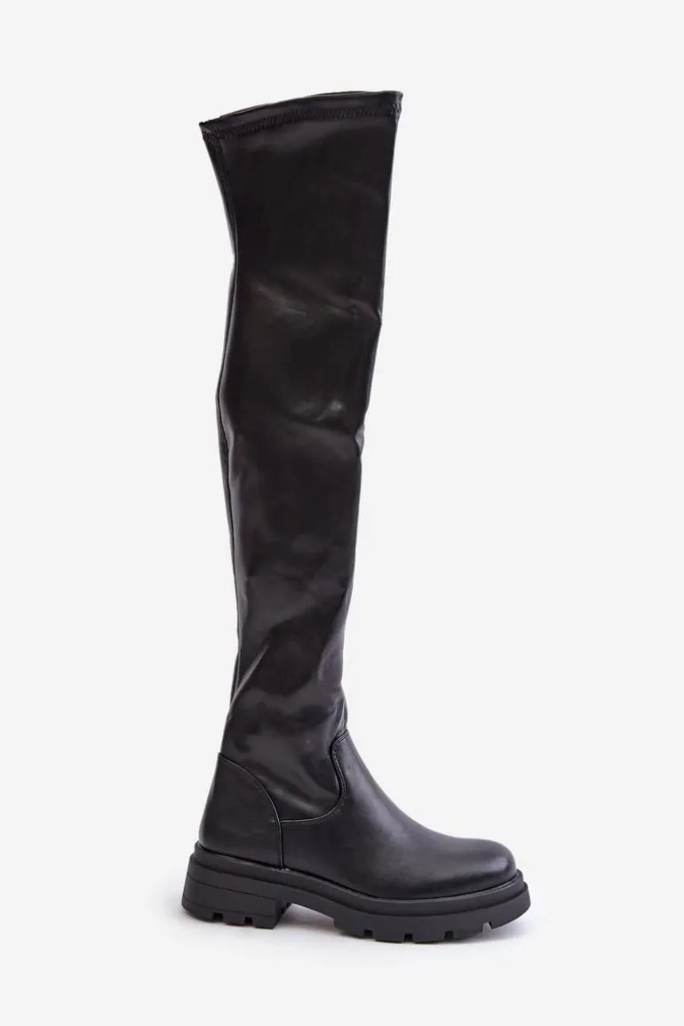 Eko Skórzane Kozaki Za Kolano Na Płaskim Obcasie Czarne Santira