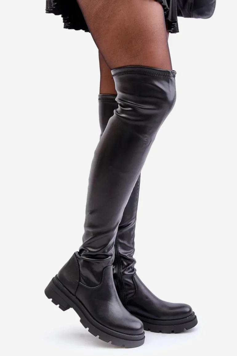 Eko Skórzane Kozaki Za Kolano Na Płaskim Obcasie Czarne Santira