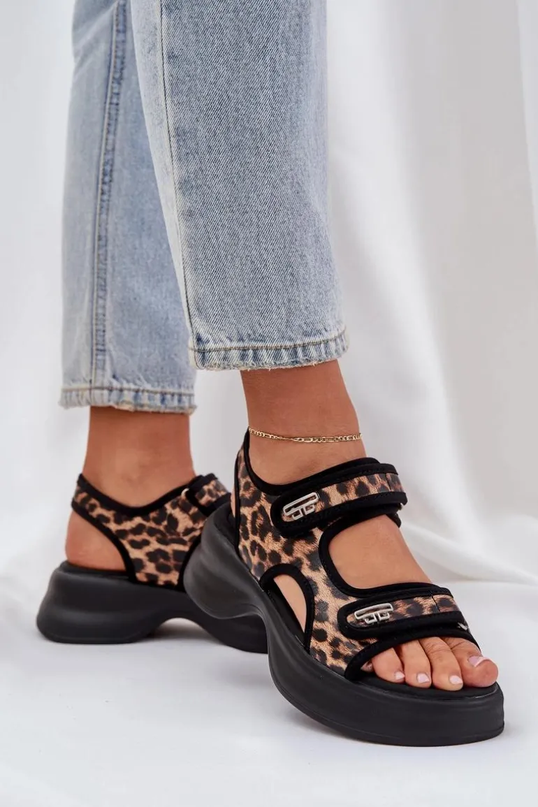 Eko Skórzane Lekkie Sandały Na Platformie Panterka Brązowe Deniffia