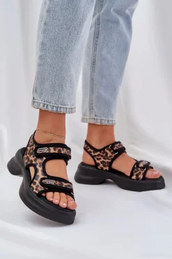 Eko Skórzane Lekkie Sandały Na Platformie Panterka Brązowe Deniffia