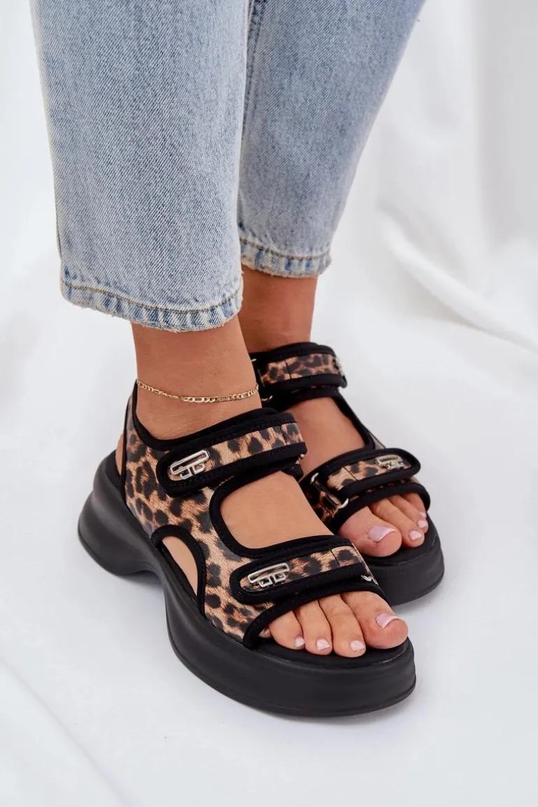 Eko Skórzane Lekkie Sandały Na Platformie Panterka Brązowe Deniffia