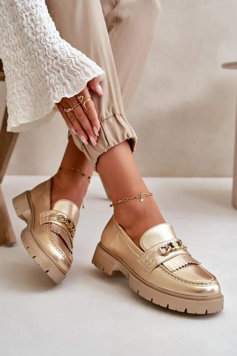 Eko Skórzane Mokasyny Damskie Z Ozdobą Złote Zanita