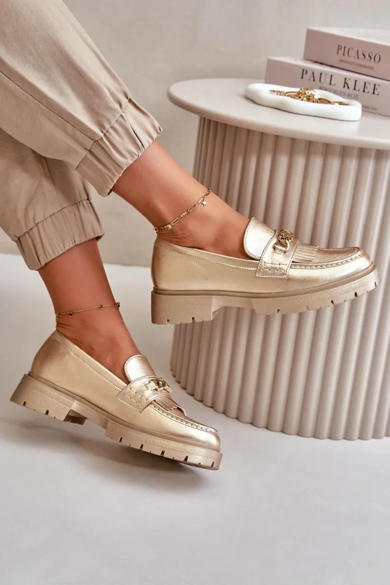 Eko Skórzane Mokasyny Damskie Z Ozdobą Złote Zanita