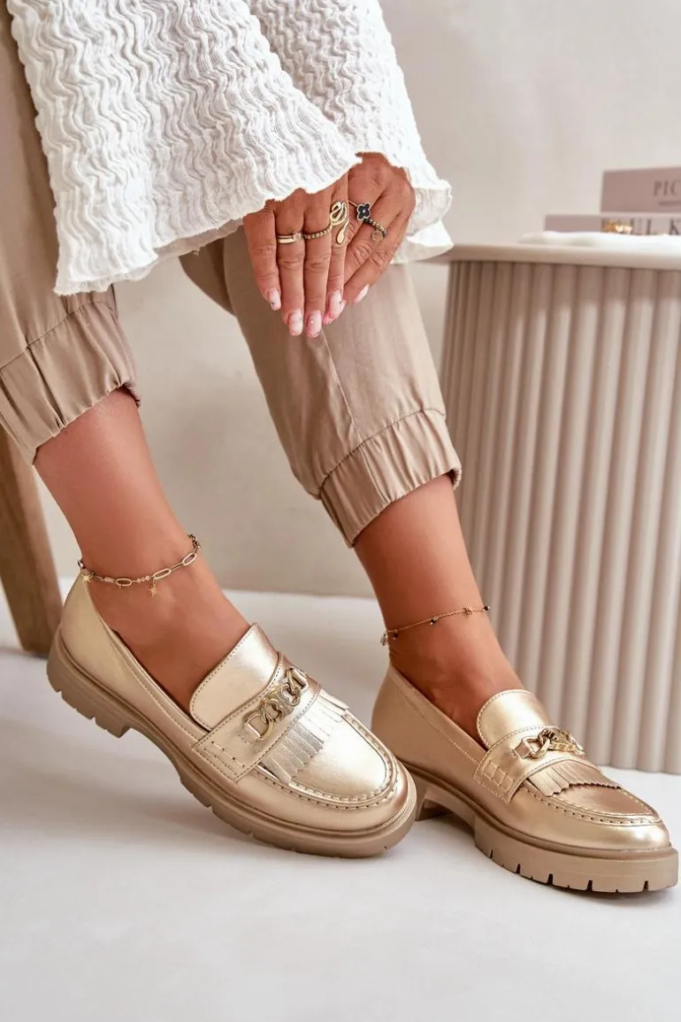 Eko Skórzane Mokasyny Damskie Z Ozdobą Złote Zanita