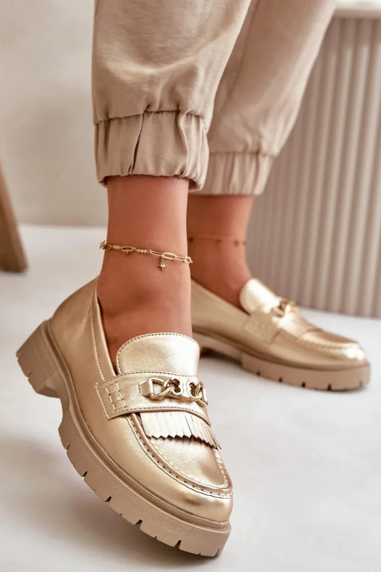 Eko Skórzane Mokasyny Damskie Z Ozdobą Złote Zanita