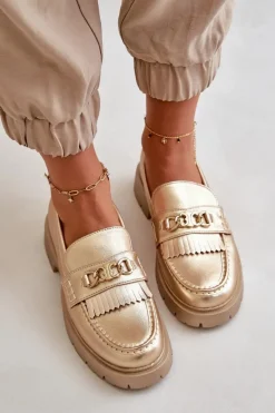 Eko Skórzane Mokasyny Damskie Z Ozdobą Złote Zanita