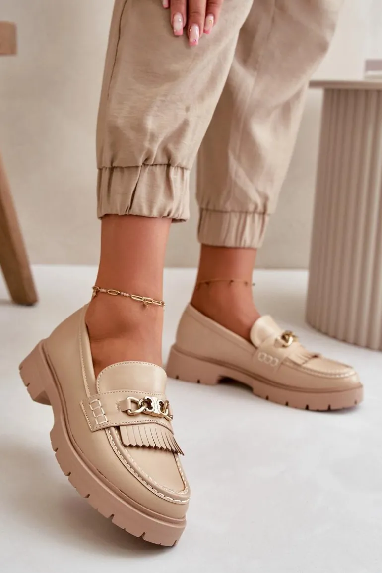 Eko Skórzane Mokasyny Damskie Ze Złotą Ozdobą Beżowe Zanita