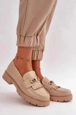 Eko Skórzane Mokasyny Damskie Ze Złotą Ozdobą Beżowe Zanita