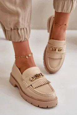 Eko Skórzane Mokasyny Damskie Ze Złotą Ozdobą Beżowe Zanita