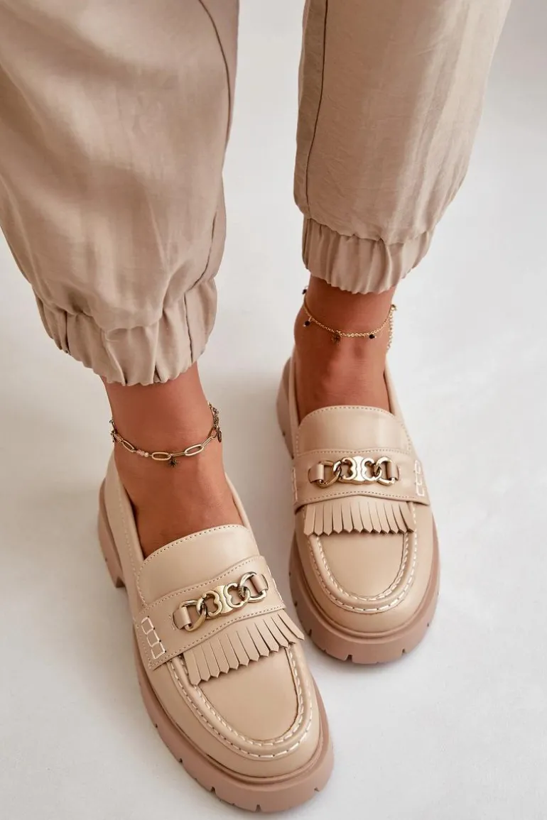 Eko Skórzane Mokasyny Damskie Ze Złotą Ozdobą Beżowe Zanita