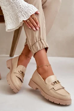 Eko Skórzane Mokasyny Damskie Ze Złotą Ozdobą Beżowe Zanita