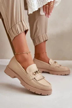 Eko Skórzane Mokasyny Damskie Ze Złotą Ozdobą Beżowe Zanita