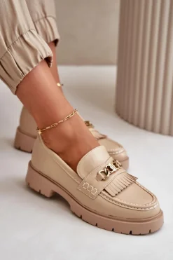 Eko Skórzane Mokasyny Damskie Ze Złotą Ozdobą Beżowe Zanita