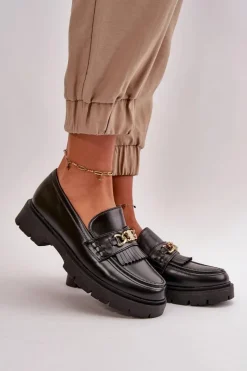Eko Skórzane Mokasyny Damskie Ze Złotą Ozdobą Czarne Zanita