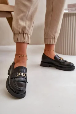 Eko Skórzane Mokasyny Damskie Ze Złotą Ozdobą Czarne Zanita