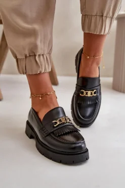 Eko Skórzane Mokasyny Damskie Ze Złotą Ozdobą Czarne Zanita