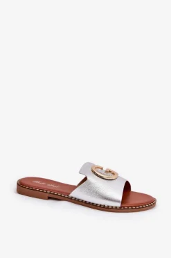 Eko Skórzane Płaskie Klapki Damskie Z Ozdobnym Detalem Srebrne Frelie