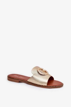 Eko Skórzane Płaskie Klapki Damskie Z Ozdobnym Detalem Złote Frelie