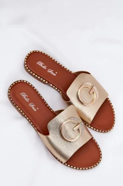 Eko Skórzane Płaskie Klapki Damskie Z Ozdobnym Detalem Złote Frelie