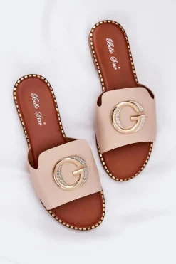 Eko Skórzane Płaskie Klapki Damskie Z Ozdobnym Detalem Beżowe Frelie