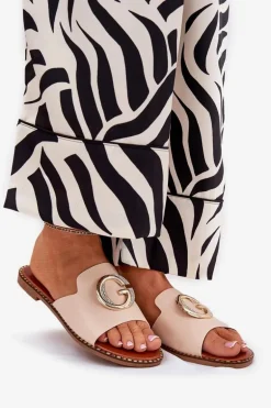 Eko Skórzane Płaskie Klapki Damskie Z Ozdobnym Detalem Beżowe Frelie