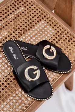 Eko Skórzane Płaskie Klapki Damskie Z Ozdobnym Detalem Czarne Frelie