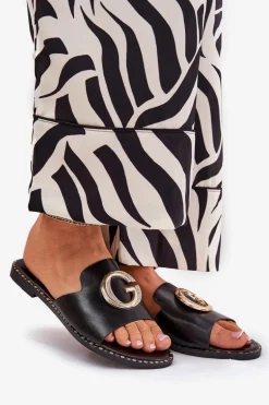 Eko Skórzane Płaskie Klapki Damskie Z Ozdobnym Detalem Czarne Frelie