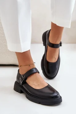 Eko Skórzane Półbuty Damskie Z Paskiem Czarne Vinceza 62179