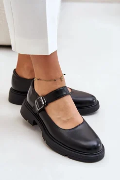 Eko Skórzane Półbuty Damskie Z Paskiem Czarne Vinceza 62179